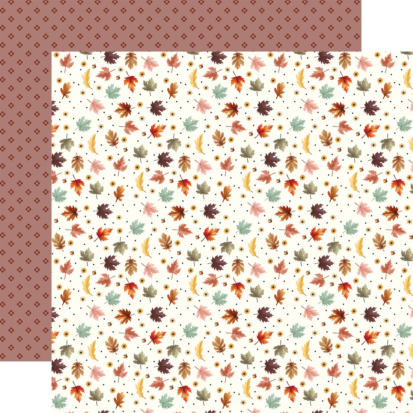 From Carta Bella, (Side A - autumn leaves in fall colors on a cream background; Side B - dot pattern on a plum background)