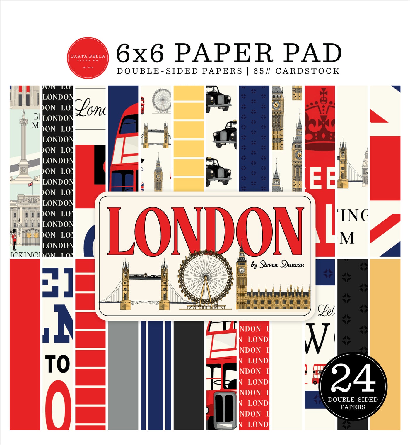 Versatile 6x6 pad with 24 double-sided sheets. Great for card making and pages. Tell the story of traveling to London. From Carta Bella Paper Co.