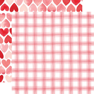 (white background is covered with a repeating pattern of watercolor hearts in various shades of pink and red; a classic red and white gingham pattern reverse)