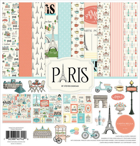 The Paris 12x12 Collection Kit by Carta Bella is a themed scrapbooking kit that brings the spirit of the Paris to your projects. Packed with vibrant patterns & designs, this collection kit is perfect for capturing your travel memories.