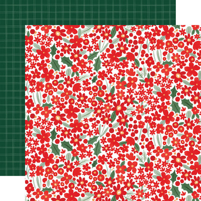 Double-sided 12x12 cardstock with red Christmas floral on a white background; the reverse is thin white striped plaid on a green background. 80 lb cover. Felt texture.