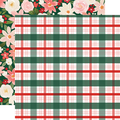 Double-sided 12x12 cardstock (Side A - large red, green, pink, and white plaid; Side B - red, pink, and white Christmas floral on a dark green background) 80 lb cover. Felt texture.