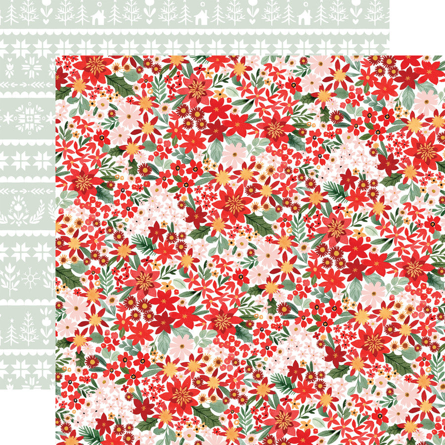 Double-sided 12x12 cardstock with small red and Christmas flowers; the reverse is a sage green background with a white sweater pattern.