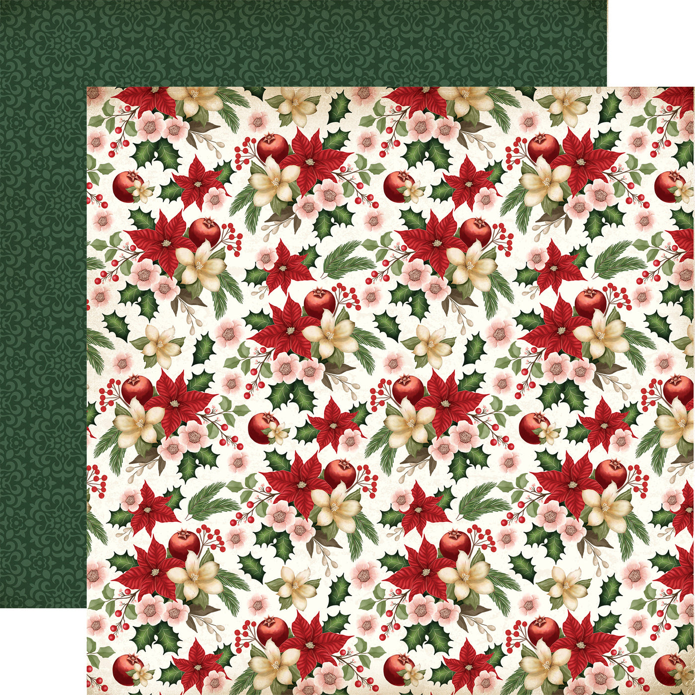 Double-sided 12x12 cardstock with a repeating pattern of poinsettias, holly, and other winter florals on a cream-colored background; an elegant and classic feel. The reverse features a repeating pattern of intricate floral or lace-like motifs on a deep green background.