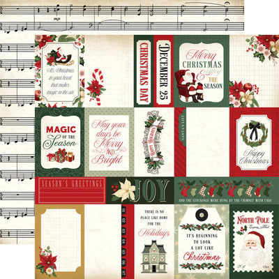 Double-sided 12x12 cardstock with multi-journaling squares showing different vintage Christmas images on a cream background; the reverse is vintage sheet music. 80 lb cover. Felt texture.