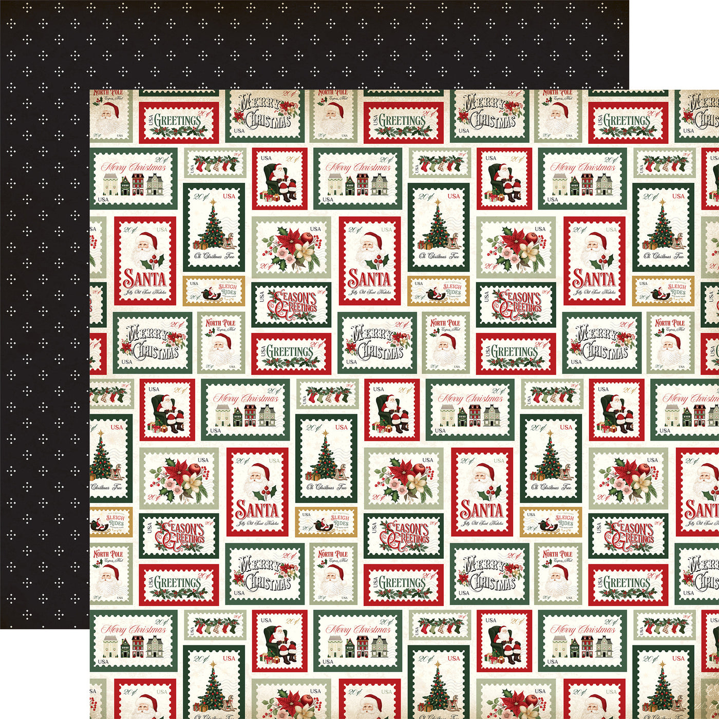 Double-sided 12x12 cardstock with a repeating pattern of vintage-style postage stamps with various Christmas illustrations and text on a cream background; the reverse is a black background with white dots arranged in a grid-like formation, creating a subtle geometric pattern.