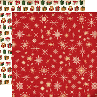 Double-sided 12x12 cardstock with a festive Christmas theme with a glamorous and elegant feel. It features a repeating pattern of gold snowflakes on a rich red background.; the reverse is a&nbsp;pattern of wrapped presents on a cream-colored background.