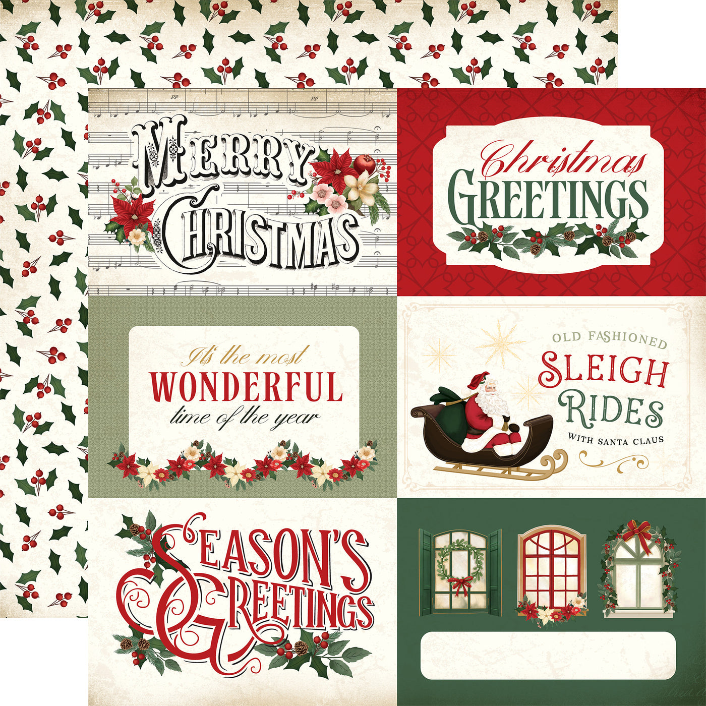 (Side A - features several illustrations, including a Santa Claus riding in a sleigh, a wreath with holly and berries, a window with a Christmas scene, and floral elements like poinsettias and holly. Side B - a repeating pattern of small holly leaves and clusters of red berries on a cream-distressed background)