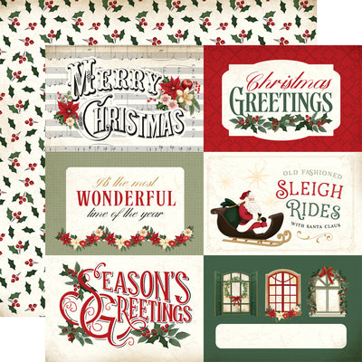 (Side A - features several illustrations, including a Santa Claus riding in a sleigh, a wreath with holly and berries, a window with a Christmas scene, and floral elements like poinsettias and holly. Side B - a repeating pattern of small holly leaves and clusters of red berries on a cream-distressed background)