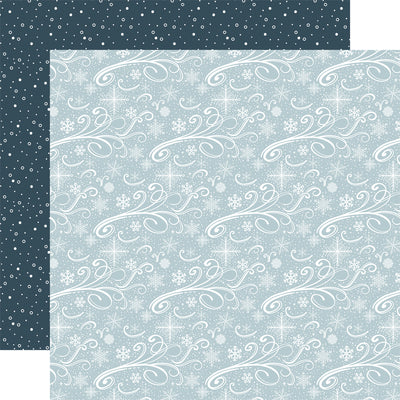 12x12 Patterned Cardstock from Carta Bella - Double-sided 12x12 cardstock with snowflakes and swirls on a light blue background and dots design on the reverse. 80 lb cover. Felt texture.