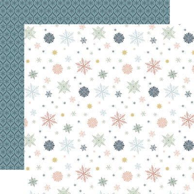 Double-sided 12x12 cardstock (Side A - multi-colored snowflakes on a white background, Side B - dark blue pattern with snowflakes on a blue background) 80 lb cover. Felt texture.