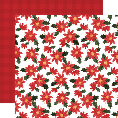 Double-sided 12x12 cardstock with a dense pattern of red poinsettia flowers, green leaves, and small white berries on a white background. The reverse is a solid red and dark red buffalo plaid or check pattern.