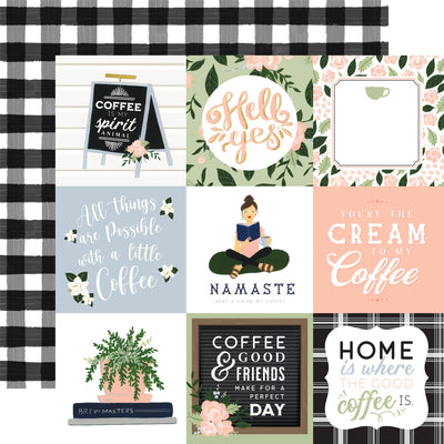 12x12 double-sided patterned paper - (coffee-related phrases and illustrations in various designs and colors, with black and white buffalo check reverse) - from Echo Park Paper.