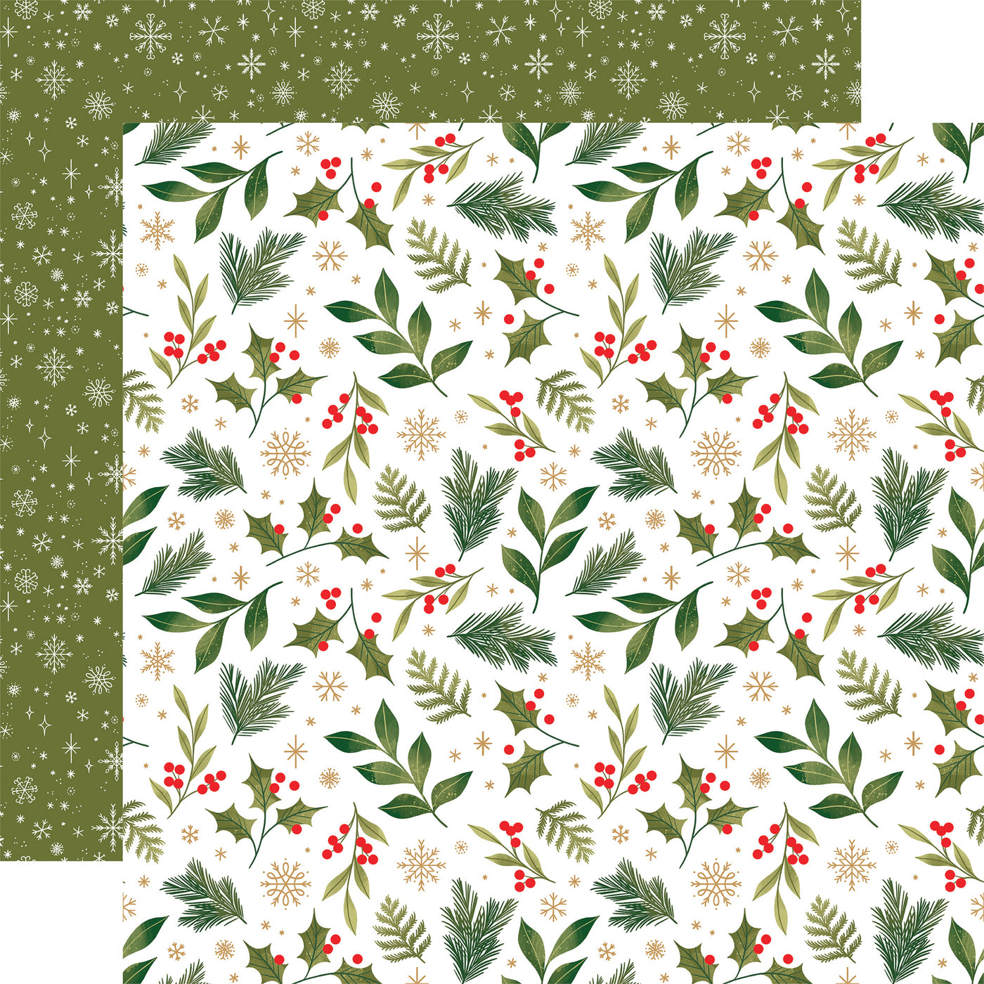 (Side A - a repeating pattern of holly leaves, berries, pine needles, and snowflakes on a white background; Side B - snowflakes in white, creating a stark contrast against the green background)