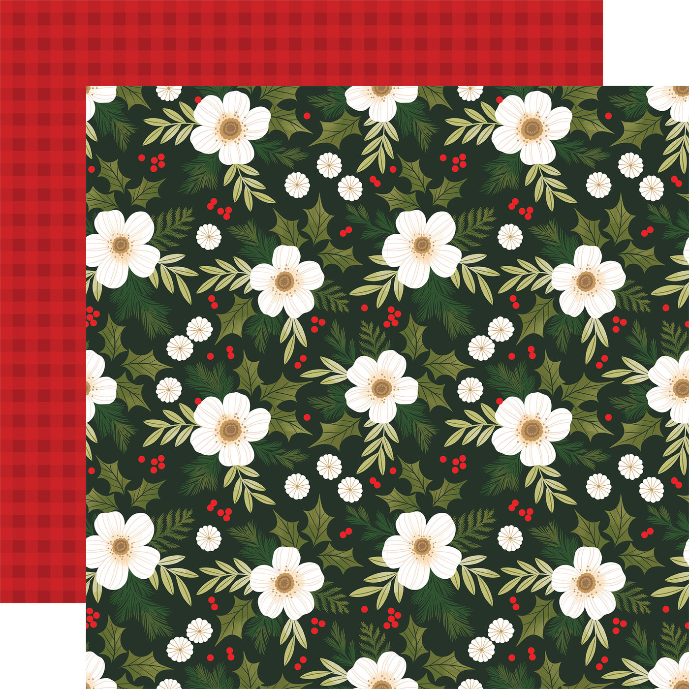 (Side A - a pattern of white flowers, holly leaves, and berries on a dark green background; Side B - red on red gingham)