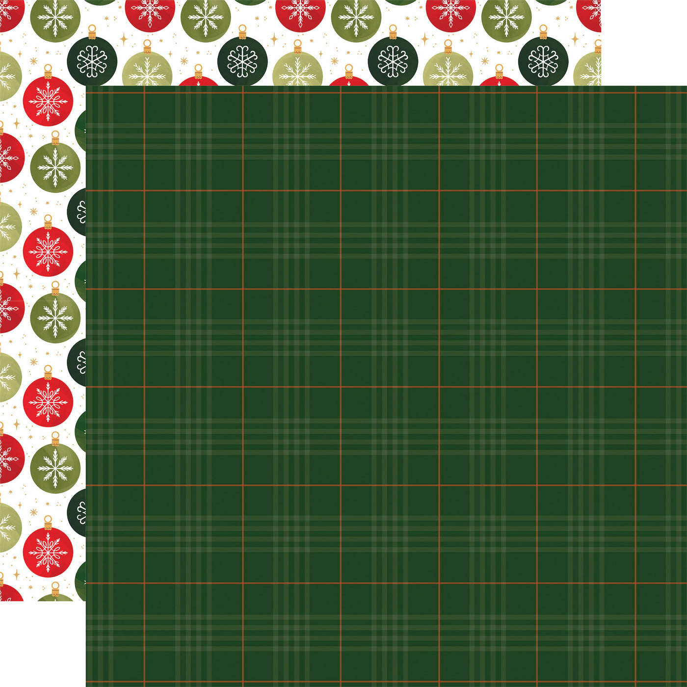 (Side A - the background is a deep green color, and the plaid has thin red and white lines. Side B - a festive Christmas-themed pattern with a repeating design of red, green, and gold Christmas ornaments and white snowflakes on a white background)