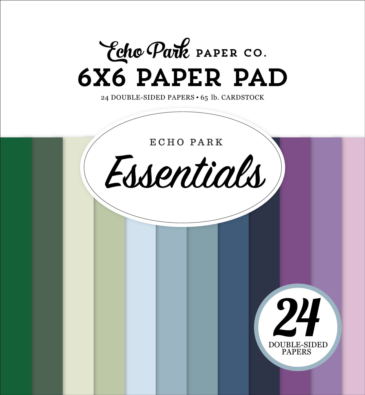 This paper pad features a collection of 24 double-sided papers in a range of cool and calming colors, including greens, blues, and purples. The papers have a smooth, cardstock finish.