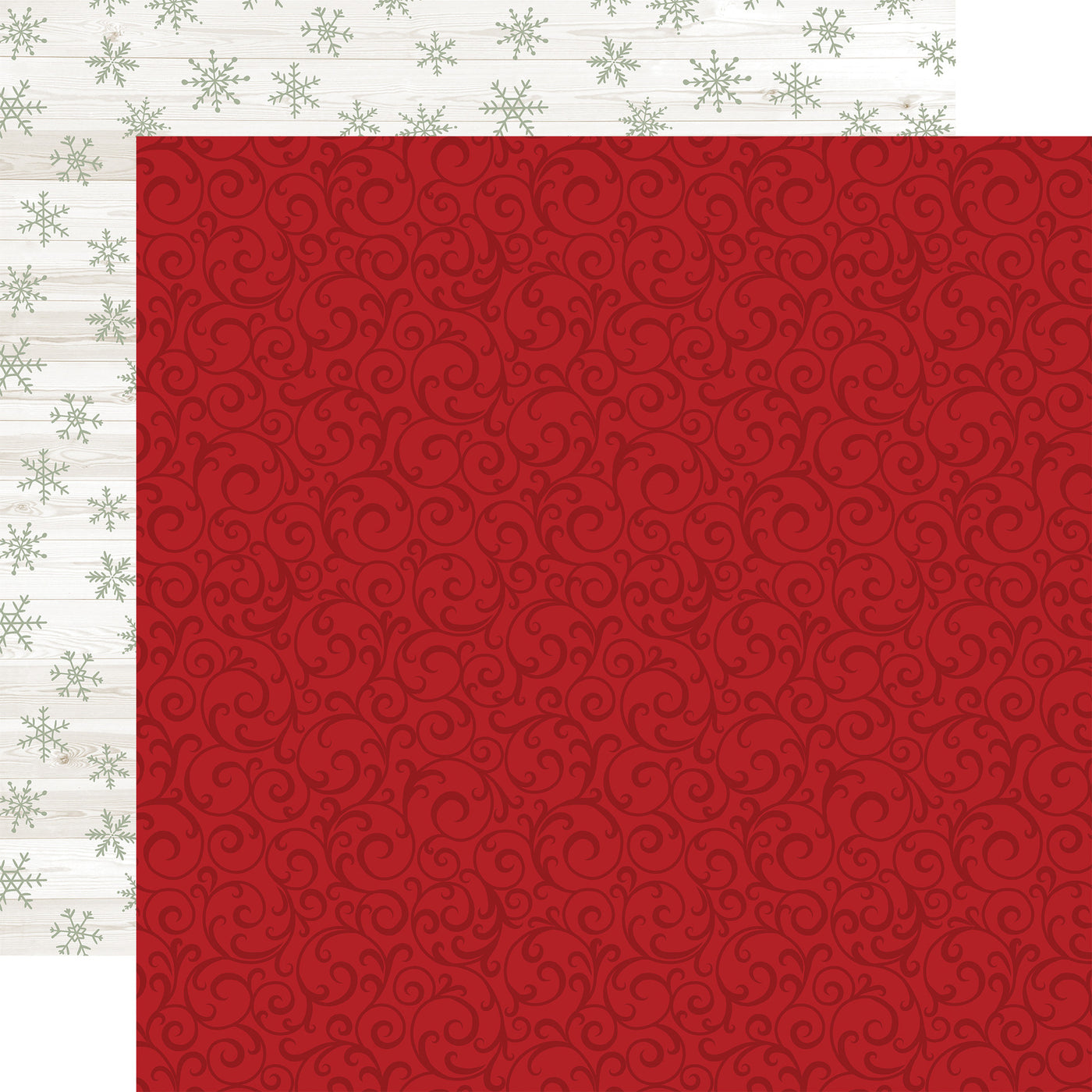 (Side A - a repeating pattern of intricate, swirling vines and leaves on a red background; Side B - features a repeating pattern of snowflakes in a light green color on a white woodgrain background). Archival quality.