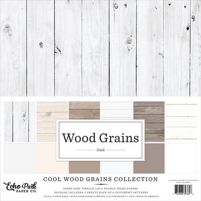 A collection of beautiful woodgrain papers, solid matching papers on the reverse. 12 sheets of double-sided 12x12 Designer Cardstock 65 lb Accent Opaque Cardstock Smooth surface Printed on two sides Acid & lignin free Made in the USA Echo Park 