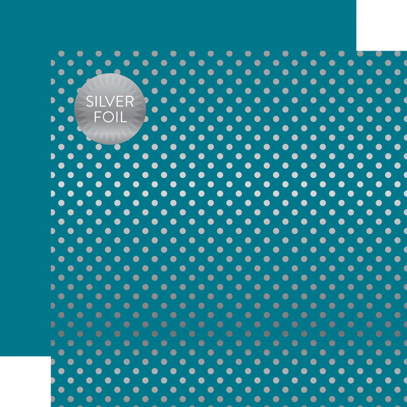 Silver foil dots on blue 12x12 cardstock, plain blue reverse, from Dots & Stripes Collection by Echo Park Paper.