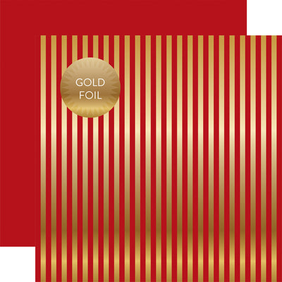 Gold foil stripes on Dark Red 12x12 cardstock, plain Red reverse. From Dots & Stripes Collection by Echo Park Paper.