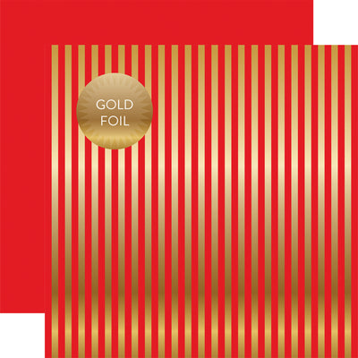 Gold foil stripes on Red 12x12 cardstock, plain Red reverse. From Dots & Stripes Collection by Echo Park Paper.