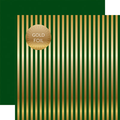 Gold foil stripes on Dark Green 12x12 cardstock, with a plain dark green reverse. From the Dots & Stripes Collection by Echo Park Paper.