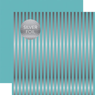 Silver foil stripes on Light Blue 12x12 cardstock, plain light blue reverse. From Dots & Stripes Collection by Echo Park Paper.