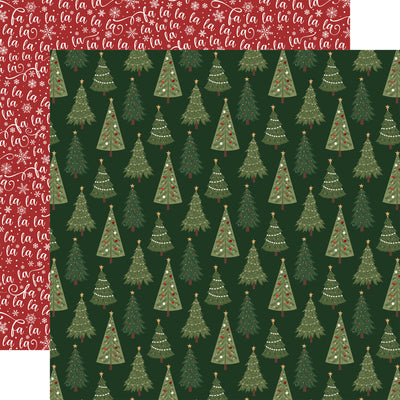 (Side A - a festive Christmas pattern with various decorated Christmas trees on a dark green background; Side B - a festive Christmas pattern with the words "fa la la" repeated in a playful, handwritten style on a red background. Snowflakes are scattered throughout the design)