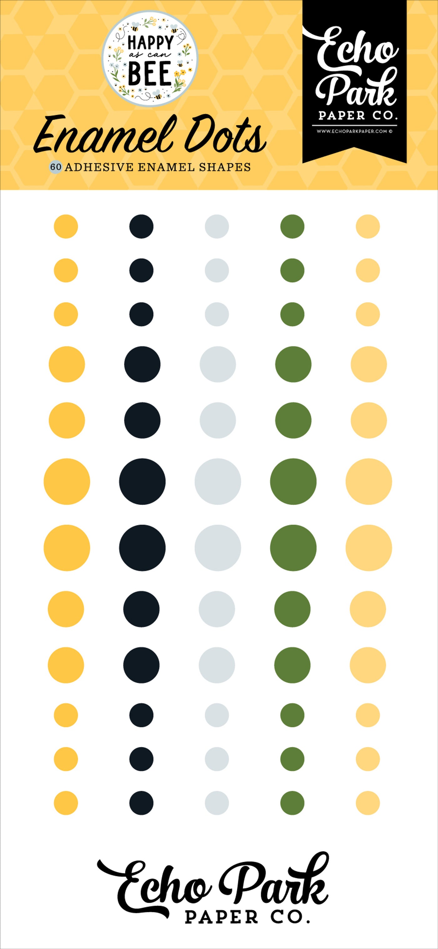 60 Enamel Dots in 5 coordinated colors, three sizes; adhesive back, designed to coordinate with Happy As Can Bee Collection by Echo Park Paper Co.