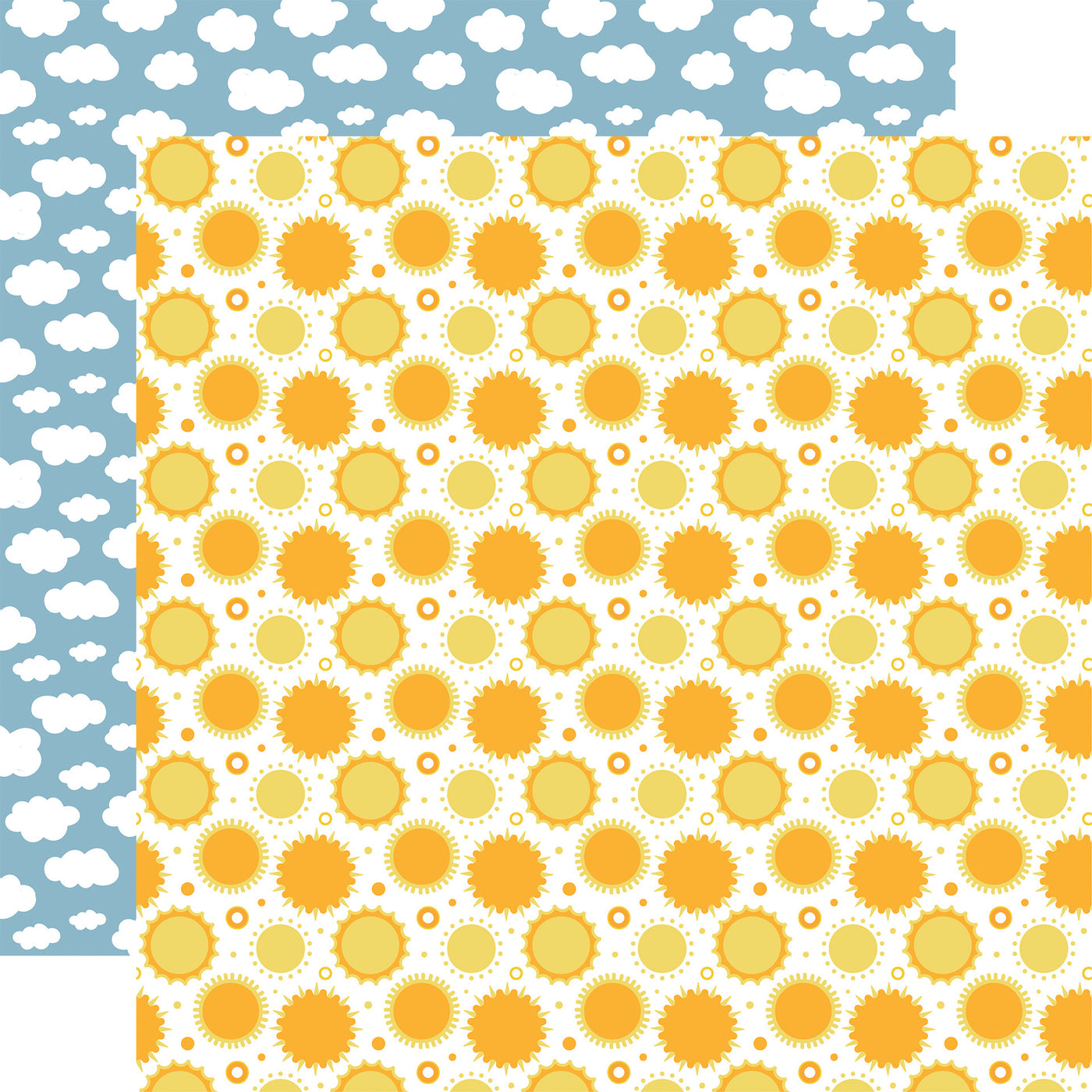 12x12 double-sided patterned paper. (Side A - images of the sun in various sizes on a white background; Side B - white clouds on a sky-blue background)