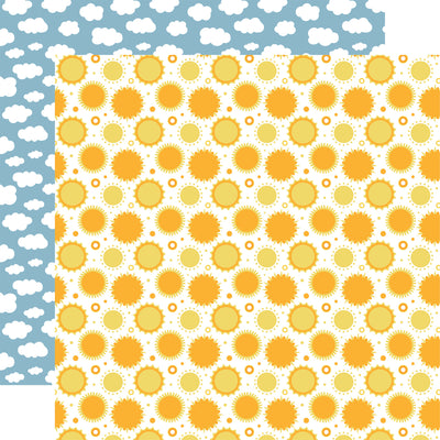 12x12 double-sided patterned paper. (Side A - images of the sun in various sizes on a white background; Side B - white clouds on a sky-blue background)