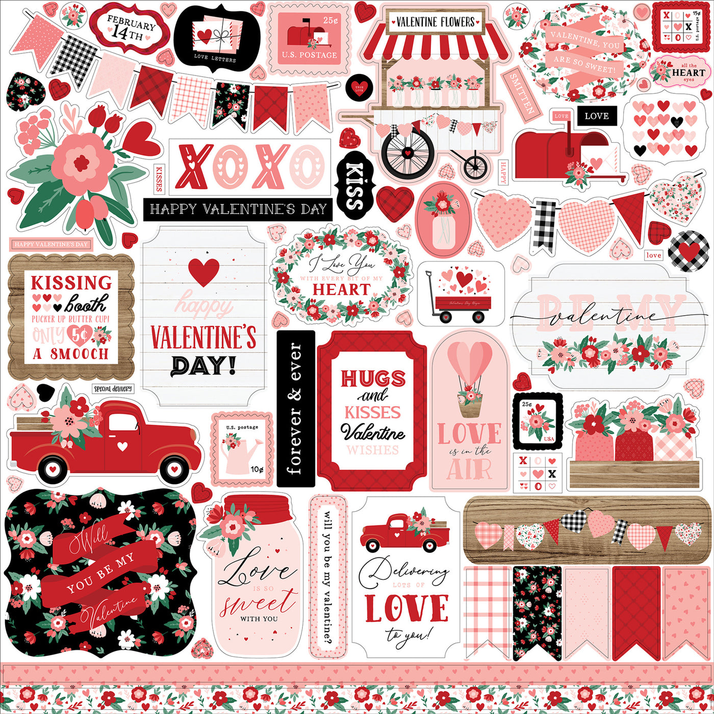 Valentine's Day Elements 12" x 12" Cardstock Stickers from the Hello Valentine Collection by Echo Park. These stickers include florals, hearts, red truck, love letters, frames, tags, phrases, and more!  