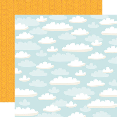 12x12 double-sided patterned paper. (Side A - puffy clouds on a light blue background; Side B - fishbone pattern on a yellow background)