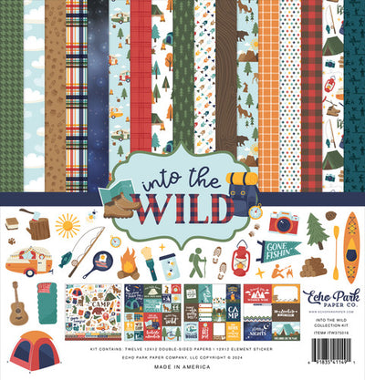 INTO THE WILD 12x12 Collection Kit from Echo Park Paper - Twelve double-sided papers with camping and outdoor exploring themes. 12x12 inch textured cardstock; includes Element Sticker Sheet.