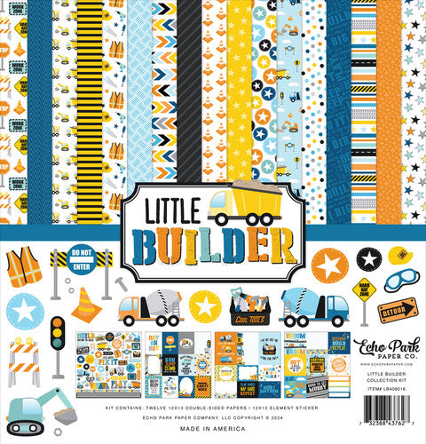 Echo Park Little Builder Collection Kit&nbsp;designs feature various construction elements, such as trucks, diggers, hard hats, construction cones, and road signs.