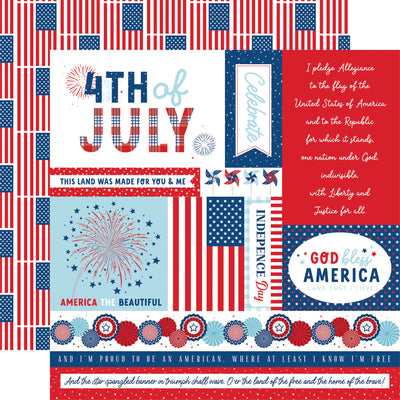 12x12 double-sided patterned paper - (Side A - red, white, and blue patriotic journaling cards; Side B - rows of American flags on a white background) -  Echo Park Paper.