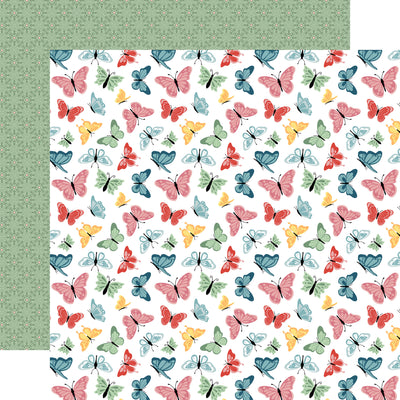 12x12 double-sided patterned paper - (beautiful butterflies in teal, pink, green, and yellow tones on a white background, sage green repeating geometric pattern reverse) - from Echo Park Paper.