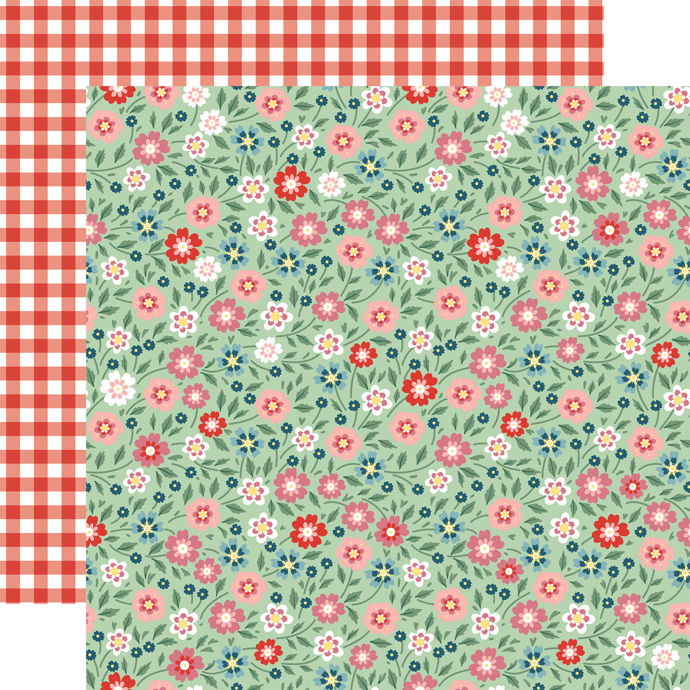 12x12 double-sided patterned paper - (Side A - red, white, and pink floral on a mint green background; Side B - red and white gingham) - Echo Park Paper.