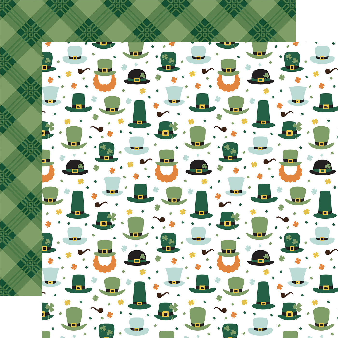 (Side A - a repeating pattern of leprechaun hats, pipes, and four-leaf clovers on a white background; Side B - classic gingham pattern in shades of green)