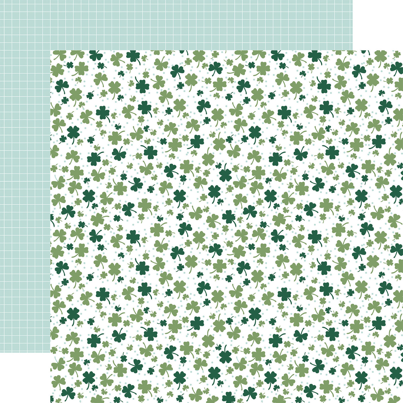 (Side A - a dense array of green four-leaf clovers scattered across a white background.; Side B - resembles graph paper with a light green background)