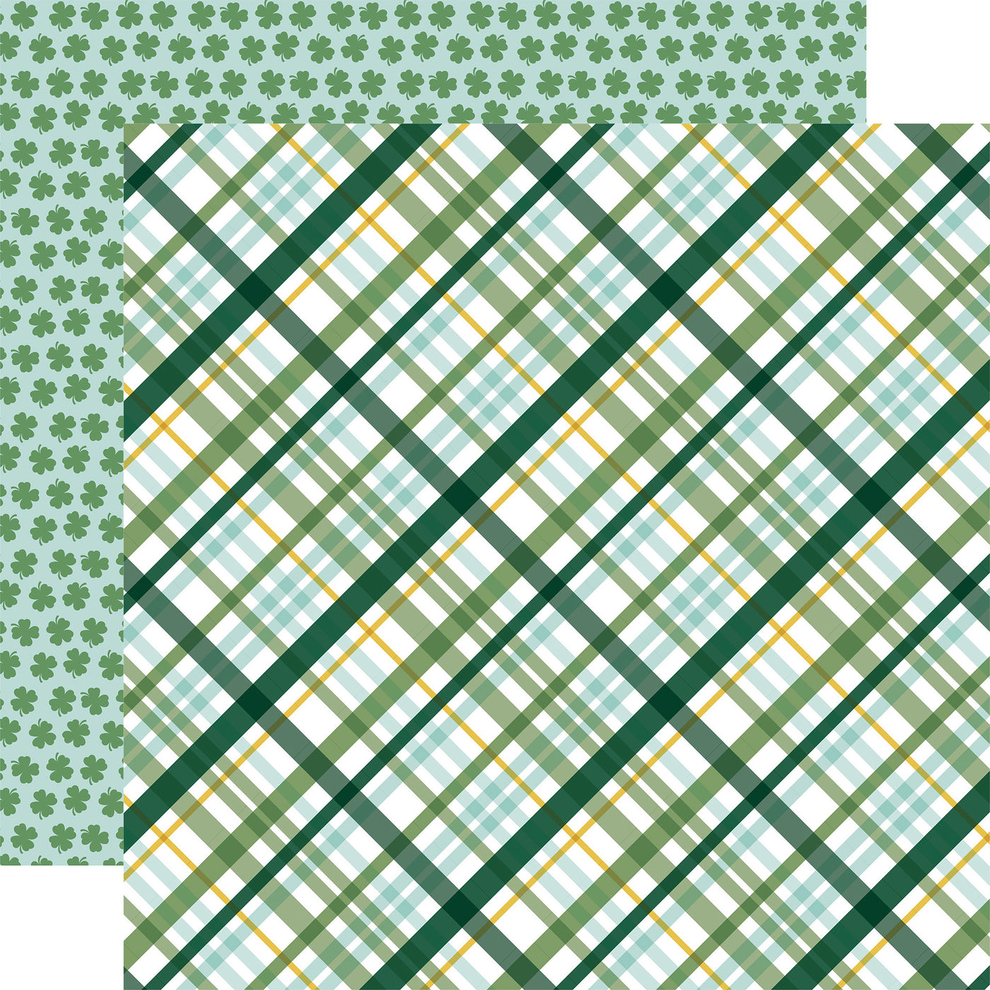 (Side A - a classic plaid pattern in green on a white background; Side B - a repeating pattern of green four-leaf clovers on a light blue background)