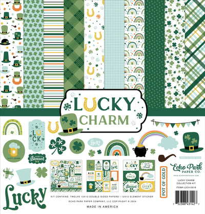 Lucky Charm Collection 12" x 12" Kit designed for Echo Park. The kit includes 12 double-sided papers with designs of shamrocks, stripes, flowers, rainbows, banners, and more. Also included is one Element sticker sheet.