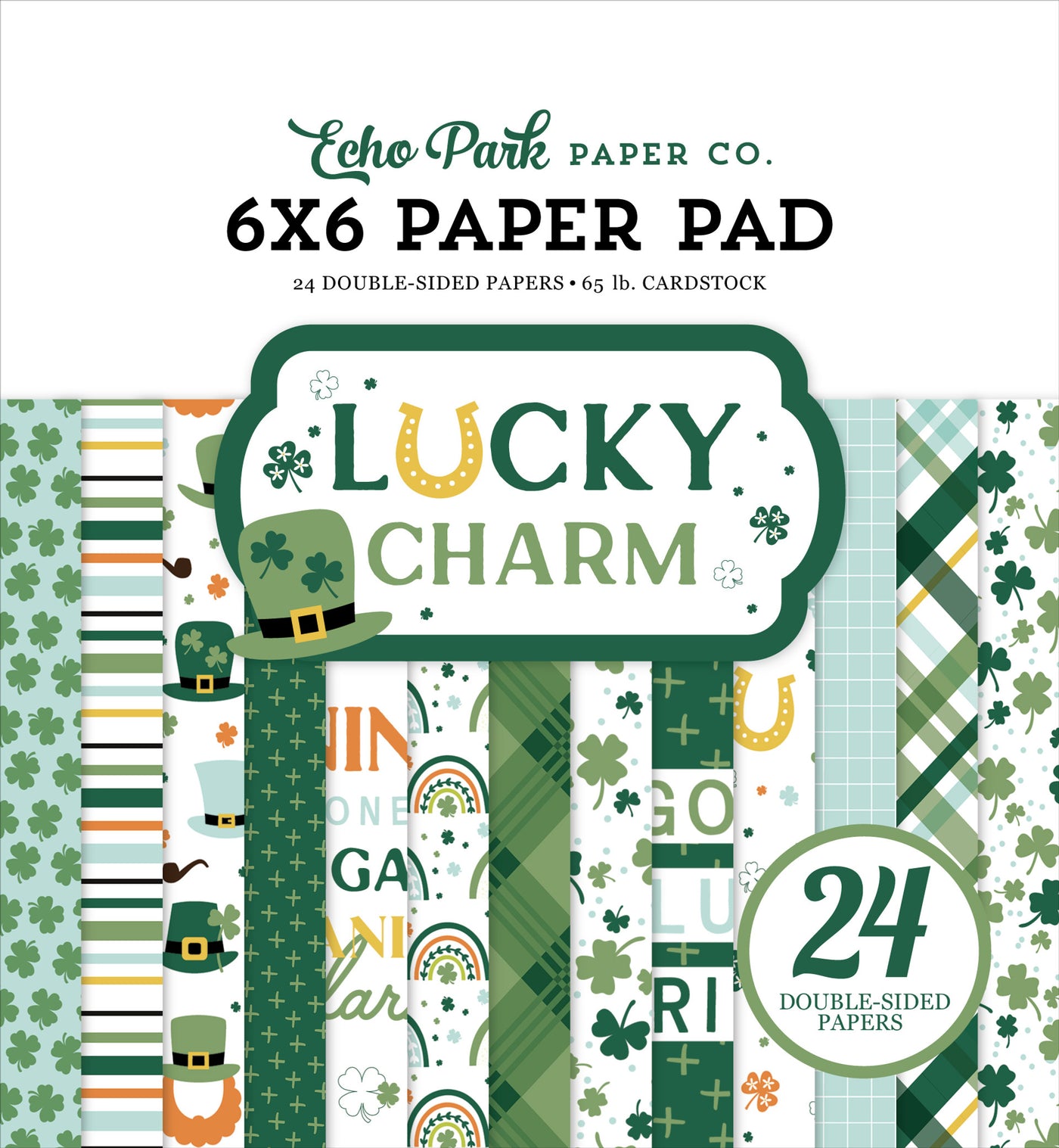 The paper pad has a cheerful and festive St. Patrick's Day theme with a playful and colorful design. It features a variety of double-sided papers with different patterns and designs related to luck and Irish traditions.