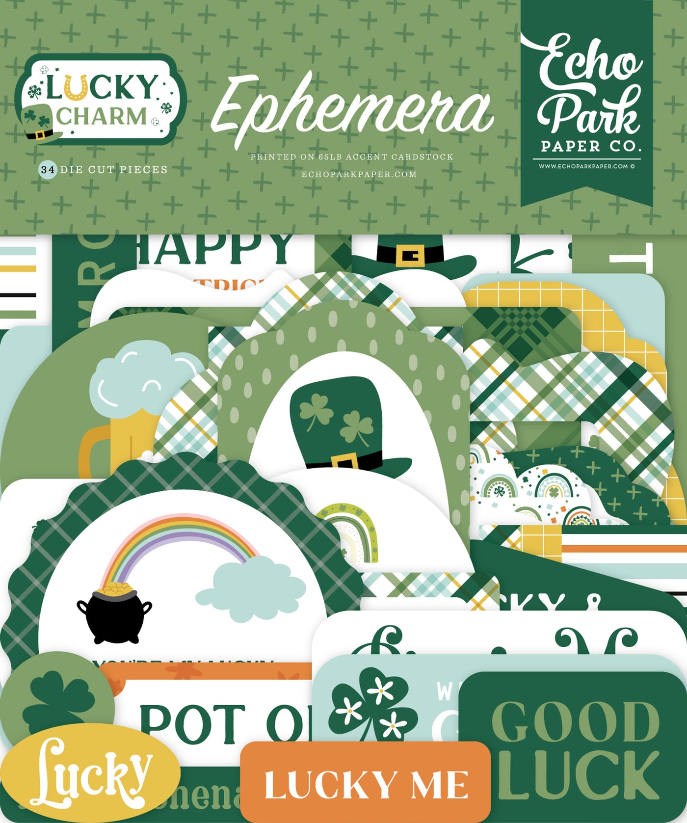 St. Patrick's Day Ephemera Die Cut Cardstock Pack. Pack includes 33 different die-cut shapes ready to embellish any project. Package size is 4.5" x 5.25"