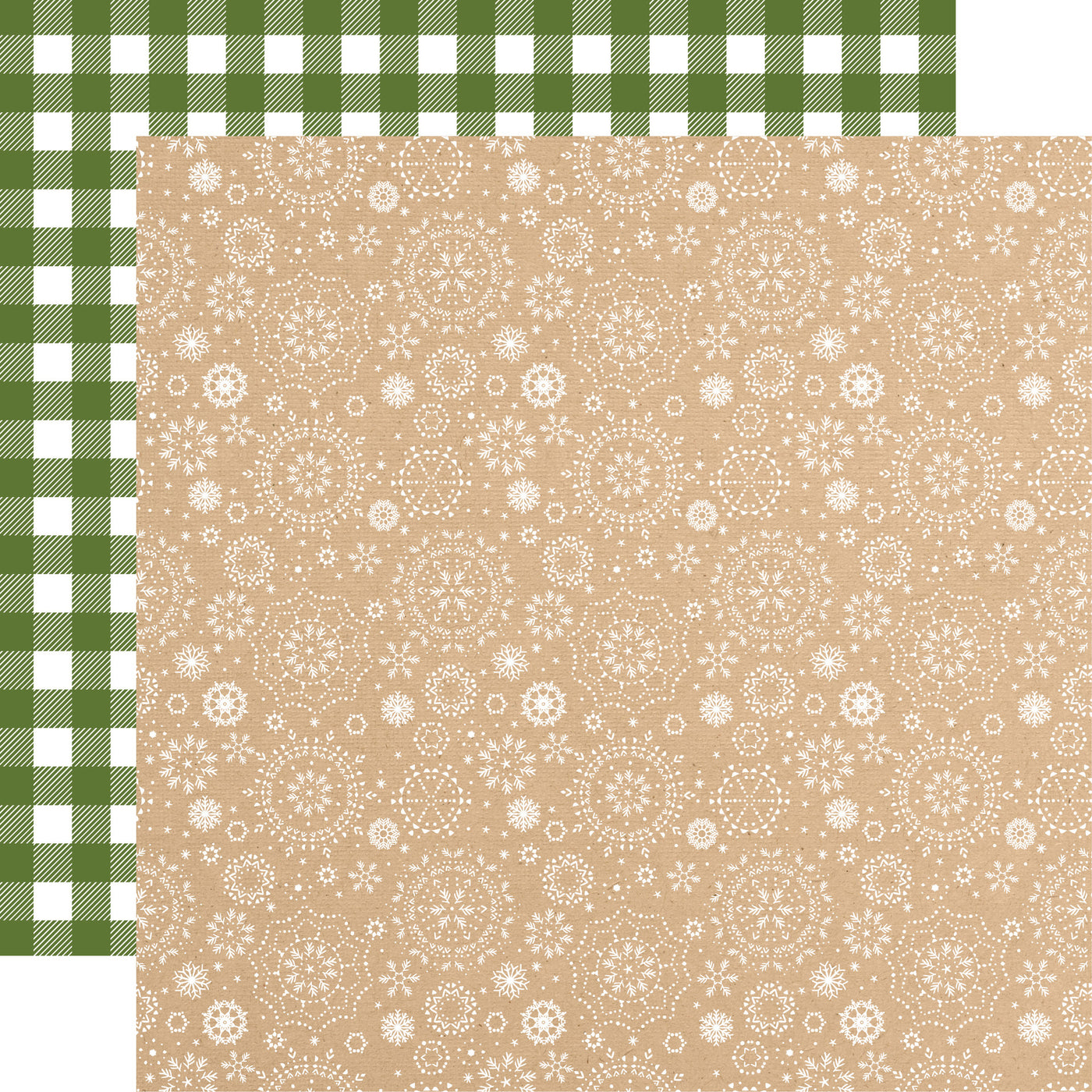 12x12 double-sided patterned paper - (multiple snowflake patterns in white on Kraft color background with large green gingham reverse) - from Echo Park Paper.