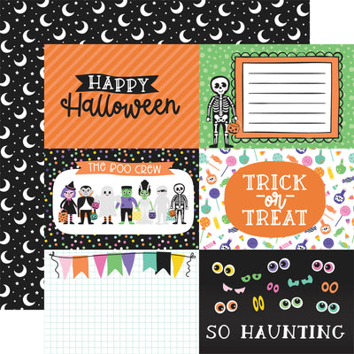 12x12 double-sided patterned paper. Side A: Halloween journaling cards. Side B: white stars and crescent moons on a black background—Echo Park Paper.