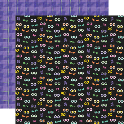 12x12 double-sided patterned paper. (Side A - different colors and sizes of eyeballs on a black background, Side B - purple plaid) - Echo Park Paper.