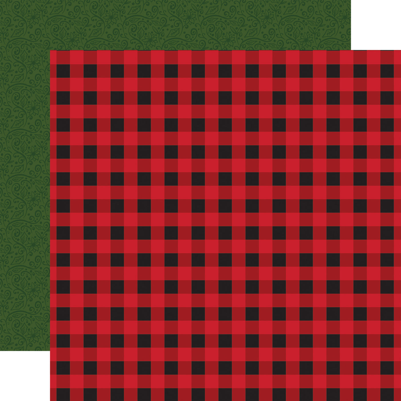 12x12 double-sided patterned paper, Side A - red and black buffalo plaid, Side B - green pattern on a green background. Archival safe, acid free.