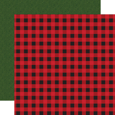 12x12 double-sided patterned paper, Side A - red and black buffalo plaid, Side B - green pattern on a green background. Archival safe, acid free.